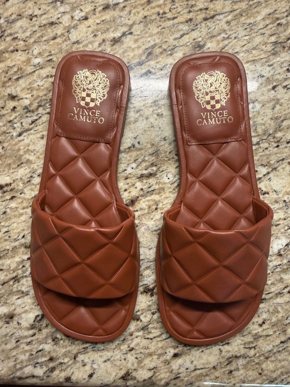 Vince Camuto Quilted Slide Sandals - Cognac Brown